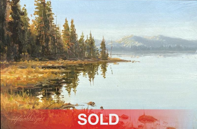 R.A. Dick Heichberger High Mountain Lake water trees pine western landscape oil painting sold
