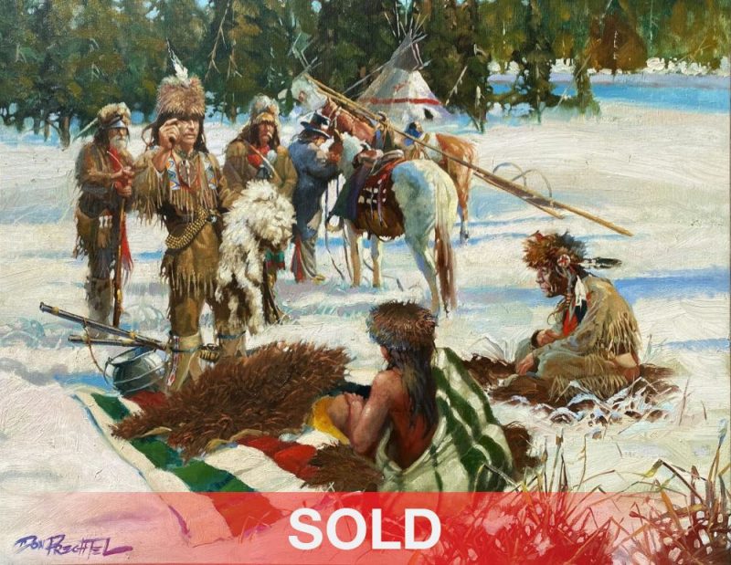 Don Prechtel The Trade Native American trapper mountain man cowboy snow tipi tee pee Indian encampment settlement western oil painting sold