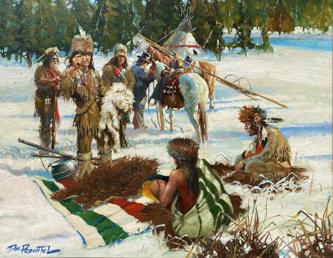Don Prechtel The Trade Native American trapper mountain man cowboy snow tipi tee pee Indian encampment settlement western oil painting