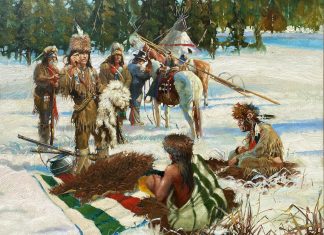 Don Prechtel The Trade Native American trapper mountain man cowboy snow tipi tee pee Indian encampment settlement western oil painting