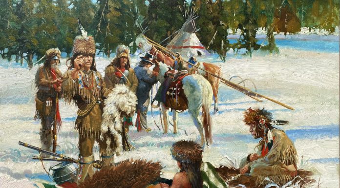 Don Prechtel The Trade Native American trapper mountain man cowboy snow tipi tee pee Indian encampment settlement western oil painting