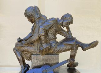 Ed Fraughton Study Time figure figurative man woman boy girl guitar musical instrument books bible bronze sculpture