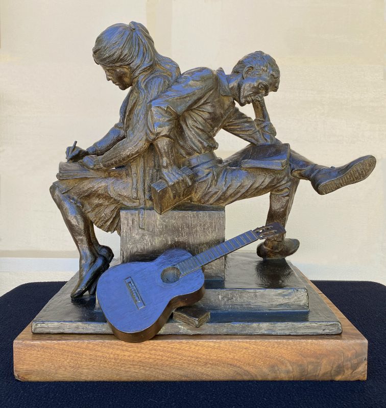 Ed Fraughton Study Time figure figurative man woman boy girl guitar musical instrument books bible bronze sculpture