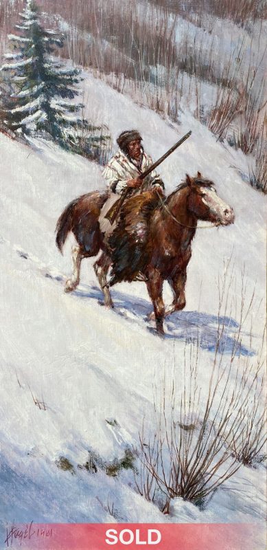 Frank Hagel Lone Rider Native American trapper mountain man snow mountain horse equine rifle firearm gun western oil painting sold