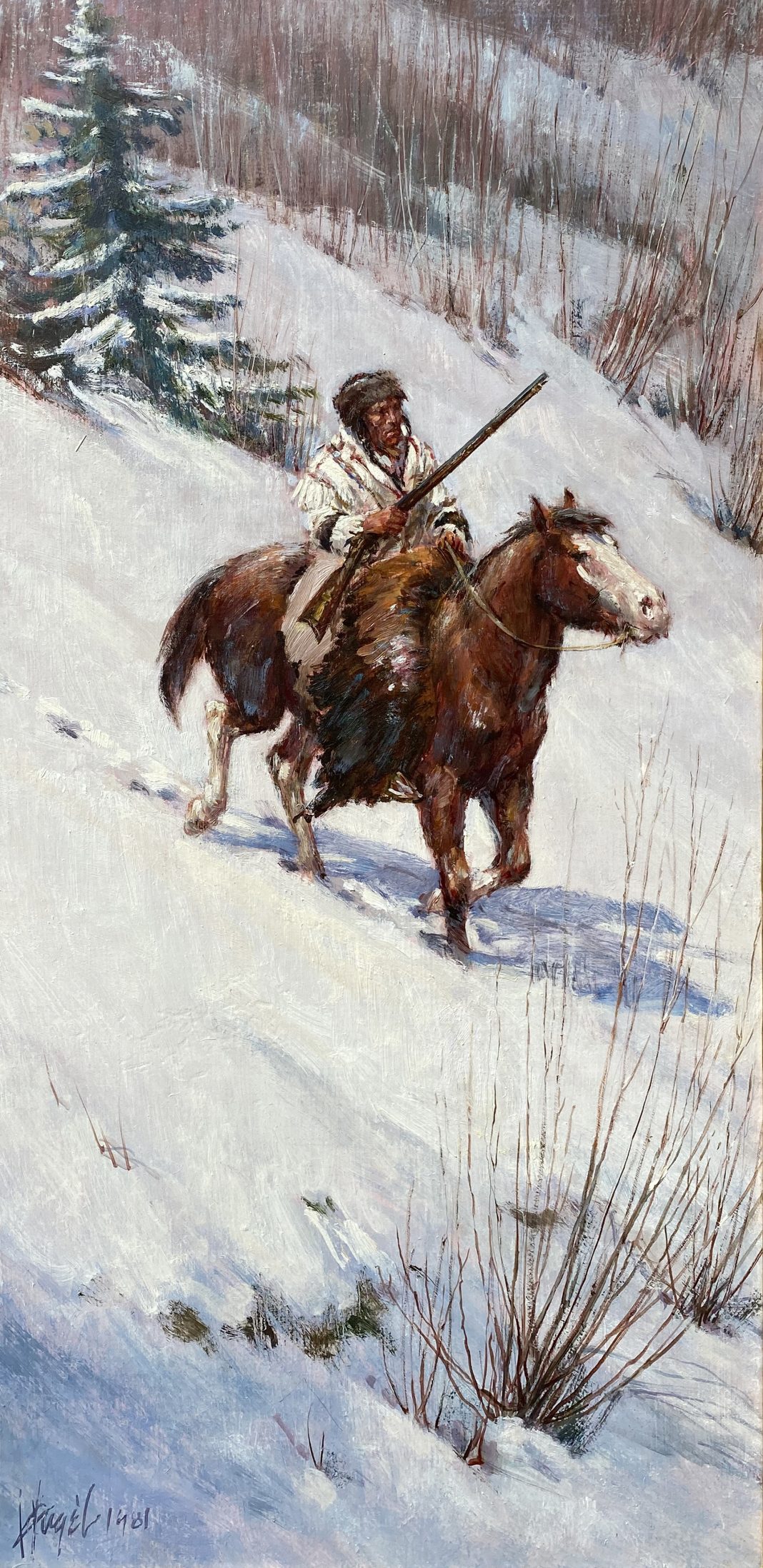 Frank Hagel Lone Rider Native American trapper mountain man snow mountain horse equine rifle firearm gun western oil painting