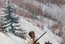 Frank Hagel Lone Rider Native American trapper mountain man snow mountain horse equine rifle firearm gun western oil painting