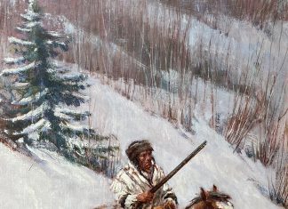 Frank Hagel Lone Rider Native American trapper mountain man snow mountain horse equine rifle firearm gun western oil painting