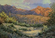 Darcie Peet Ember Glow Sundown saguaro cacti cactus mountain dry stream river wash western landscape oil painting