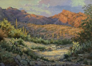Darcie Peet Ember Glow Sundown saguaro cacti cactus mountain dry stream river wash western landscape oil painting