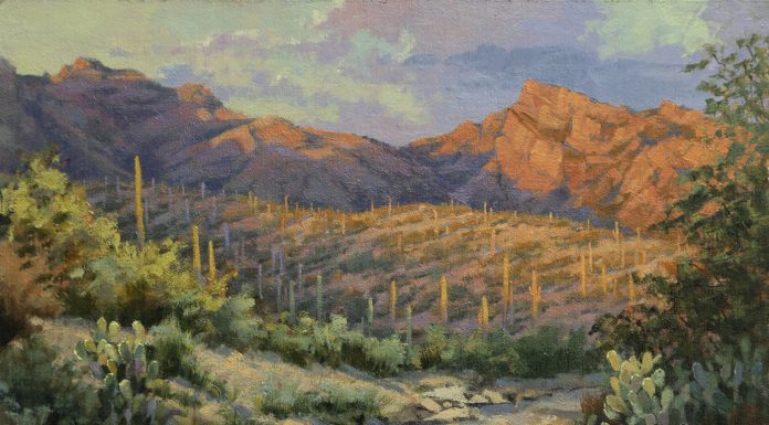 Darcie Peet Ember Glow Sundown saguaro cacti cactus mountain dry stream river wash western landscape oil painting