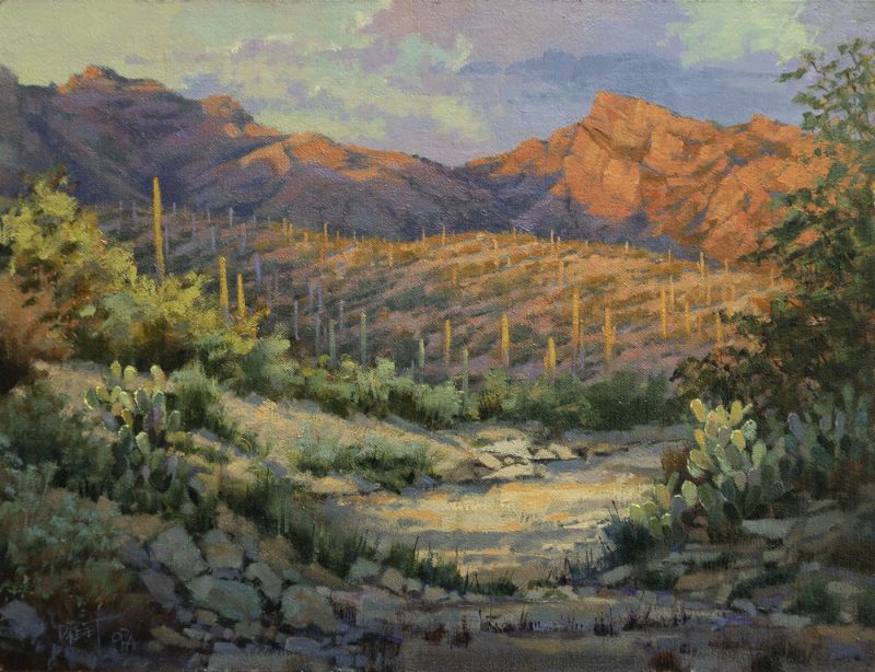 Darcie Peet Ember Glow Sundown saguaro cacti cactus mountain dry stream river wash western landscape oil painting