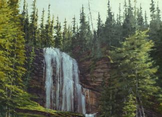 Darcie Peet Tumble In Aqua Shimmer waterfall river creek stream high mountain lake river stream western landscape oil painting
