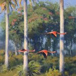 Keith Huey Flamingos In Paradise Florida everglades palm tree bird wildlife landscape oil painting
