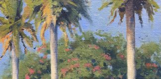 Keith Huey Flamingos In Paradise Florida everglades palm tree bird wildlife landscape oil painting