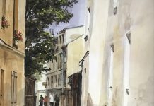 James Kramer Rue De La Bonne Paris France architecture Europe city cobblestone street landscape watercolor painting