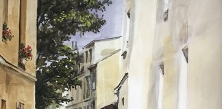 James Kramer Rue De La Bonne Paris France architecture Europe city cobblestone street landscape watercolor painting