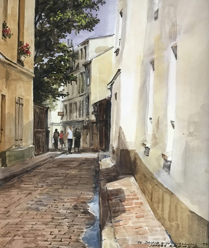 James Kramer Rue De La Bonne Paris France architecture Europe city cobblestone street landscape watercolor painting