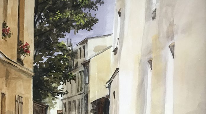 James Kramer Rue De La Bonne Paris France architecture Europe city cobblestone street landscape watercolor painting