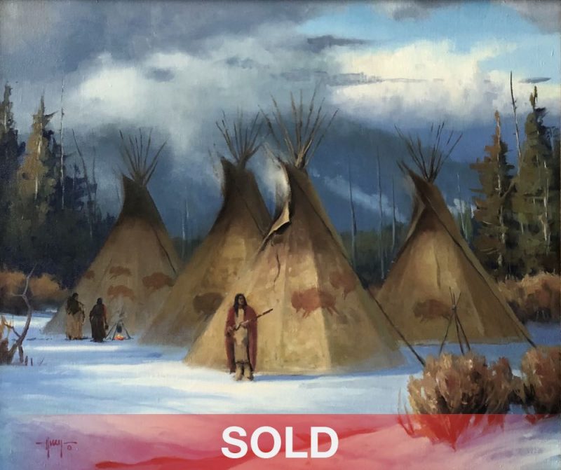 Keith Huey Buffalo Hunters tee pee tipi Native American Indian encampment snow wood burning fire clouds western oil painting sold