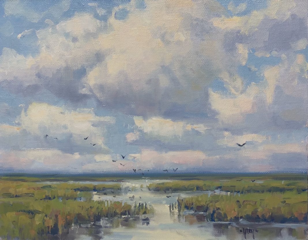 Keith Huey Cloudy Day clouds everglades swamp water waterway inlet stream river estuary birds coastal landscape oil painting Florida