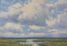Keith Huey Cloudy Day clouds everglades swamp water waterway inlet stream river estuary birds coastal landscape oil painting Florida