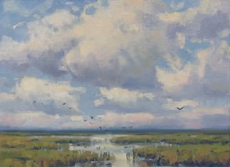Keith Huey Cloudy Day clouds everglades swamp water waterway inlet stream river estuary birds coastal landscape oil painting Florida