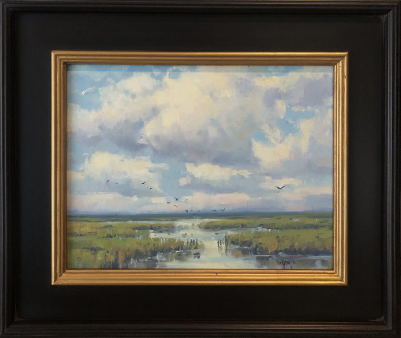 Keith Huey Cloudy Day clouds everglades swamp water waterway inlet stream river estuary birds coastal landscape oil painting Florida framed