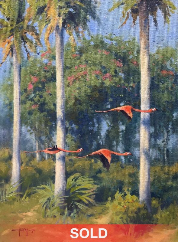 Keith Huey Flamingos In Paradise Florida birds in flight flying marsh palm trees swamp eastern landscape oil painting
