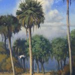 Keith Huey It's A Florida Life bird in flight flying palm trees swamp eastern landscape oil painting