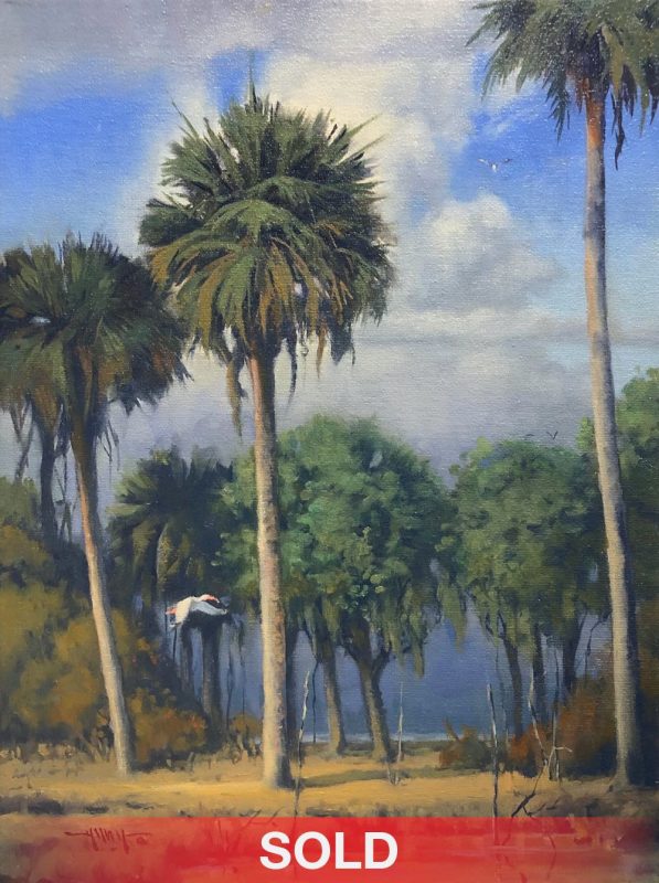 Keith Huey It's A Florida Life bird in flight flying palm trees swamp eastern landscape oil painting