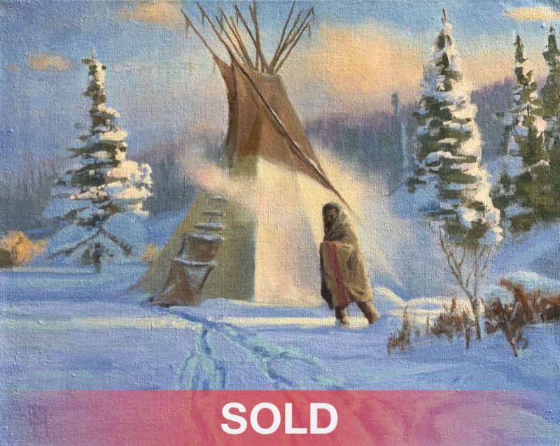 Keith Huey Morning Solitude Native American Indian tee pee tipi snow winter cold encampment western oil painting sold