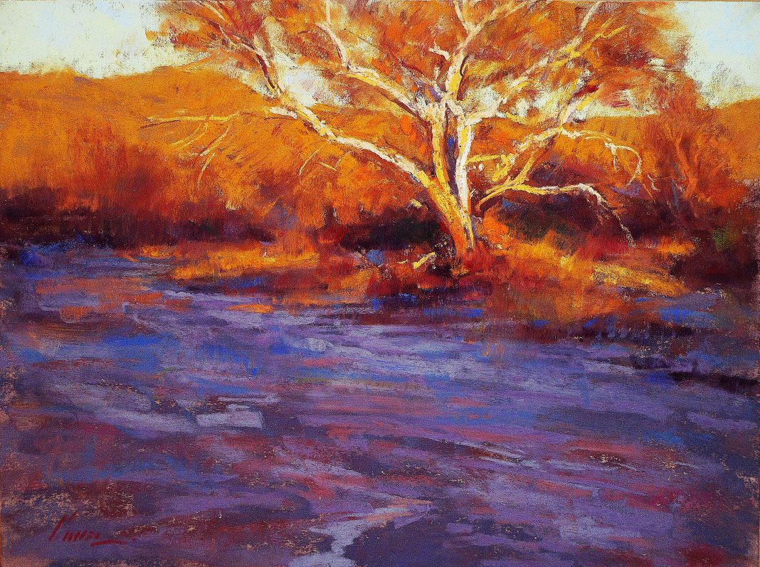 Lorenzo Chavez Along The Wash sunset sunrise stream river brook western oil pastel painting