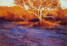 Lorenzo Chavez Along The Wash sunset sunrise stream river brook western oil pastel painting