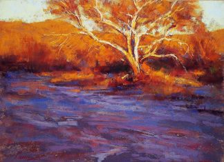 Lorenzo Chavez Along The Wash sunset sunrise stream river brook western oil pastel painting