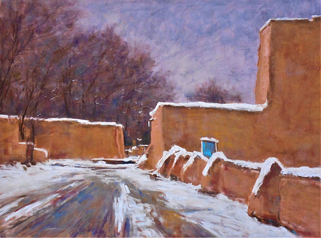 Lorenzo Chavez Ranchos de Toas Church Taos New Mexico architecture architectural adobe Santa Fe western oil painting