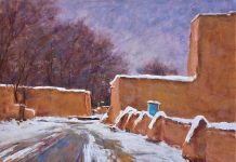 Lorenzo Chavez Ranchos de Toas Church Taos New Mexico architecture architectural adobe Santa Fe western oil painting