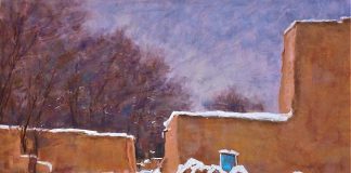 Lorenzo Chavez Ranchos de Toas Church Taos New Mexico architecture architectural adobe Santa Fe western oil painting