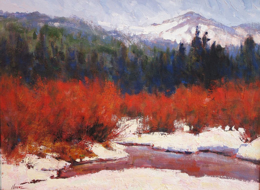 Lorenzo-Chavez_Red-Willows Lorenzo Chavez Red Willows high mountains forest snow river stream brook western oil painting