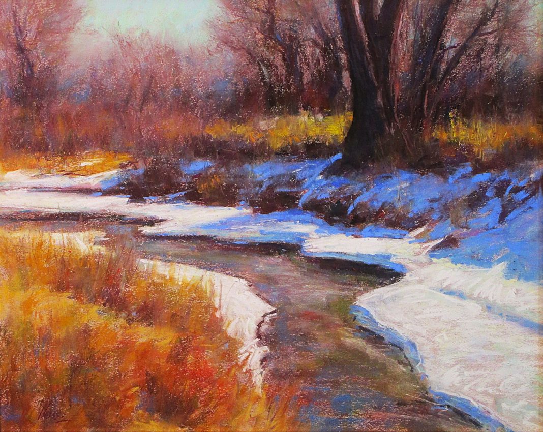 Lorenzo Chavez Spring Along Cherry Creek western oil painting river stream snow trees forest