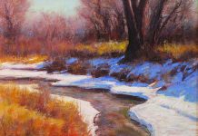 Lorenzo Chavez Spring Along Cherry Creek western oil painting river stream snow trees forest