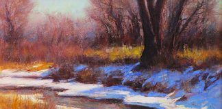 Lorenzo Chavez Spring Along Cherry Creek western oil painting river stream snow trees forest