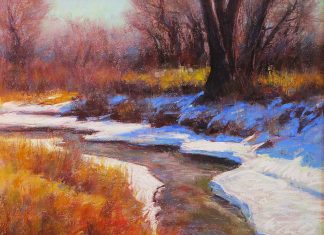 Lorenzo Chavez Spring Along Cherry Creek western oil painting river stream snow trees forest
