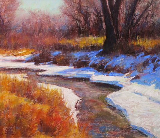 Lorenzo Chavez Spring Along Cherry Creek western oil painting river stream snow trees forest