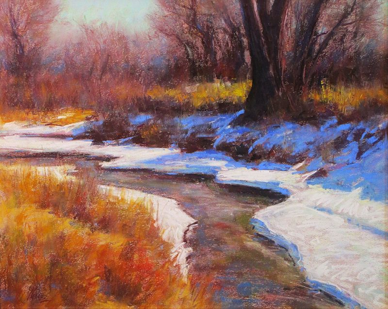 Lorenzo Chavez Spring Along Cherry Creek western oil painting river stream snow trees forest
