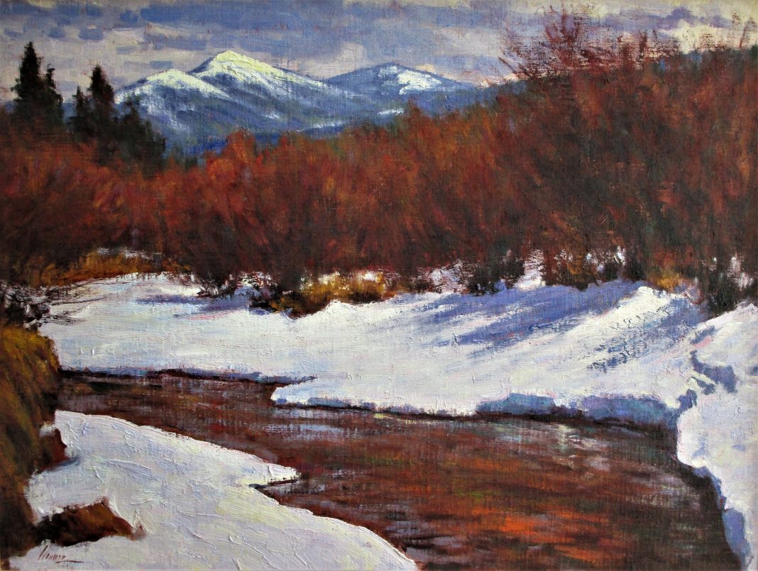 Lorenzo Chavez Spring Renewal western landscape oil painting river stream brook snow high mountains trees