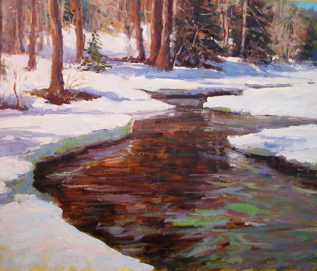 Lorenzo Chavez Spring Thaw snow river stream brook trees forest high mountains western oil painting