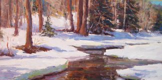 Lorenzo Chavez Spring Thaw snow river stream brook trees forest high mountains western oil painting