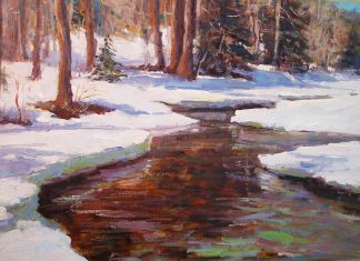 Lorenzo Chavez Spring Thaw snow river stream brook trees forest high mountains western oil painting