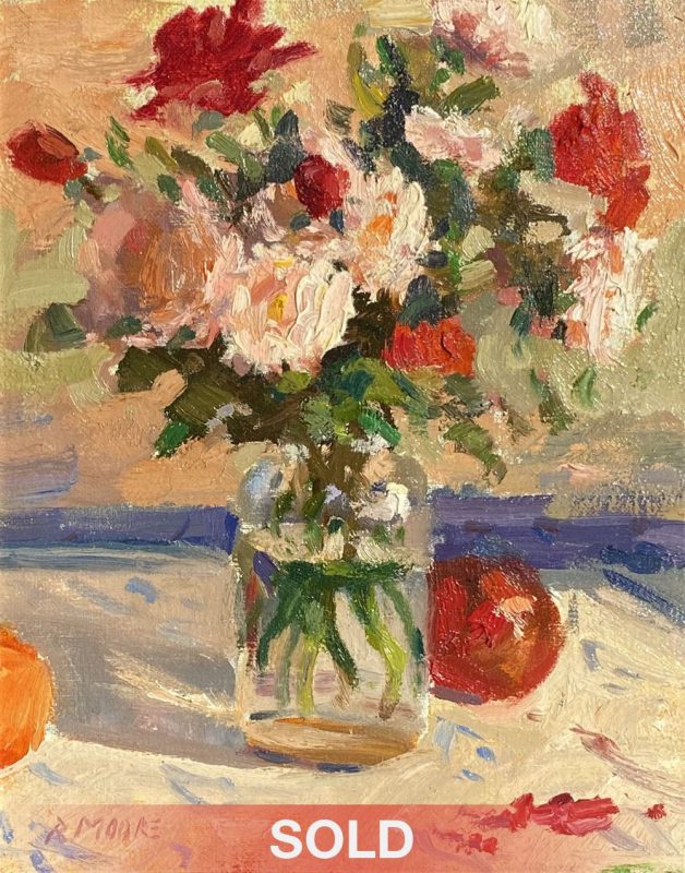 Robert Moore floral with apple stillife still life oil painting fruit and flowers roses daisy sold