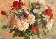 Robert Moore floral with apple stillife still life oil painting fruit and flowers roses daisy